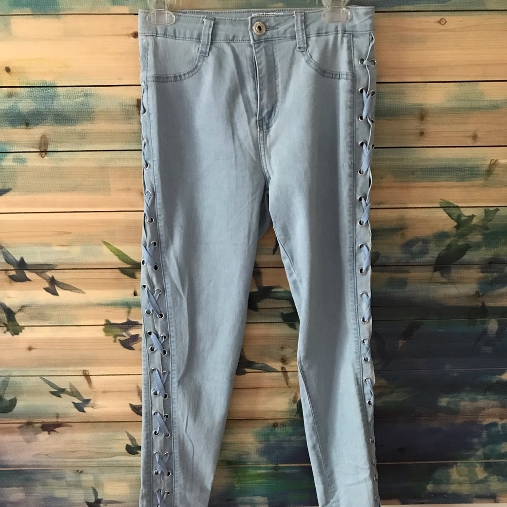 GOGO Jeans Light Color Denim High Waisted Laces on Sides Sexy Fun Jeans 5 - Picture 5 of 11